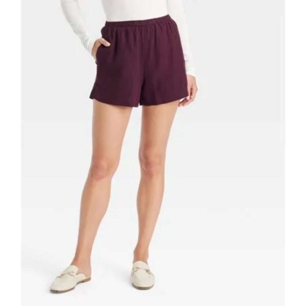 A New Day Burgundy Pull On Linen Blend Shorts With Pockets Size Large